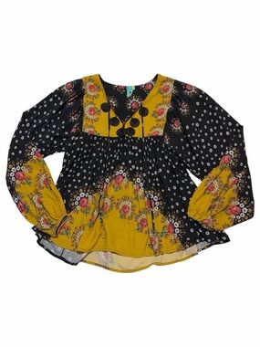 Farm Rio Intarsia Black Floral Pullover Bohemian Summer Blouse Sz XS Peasant